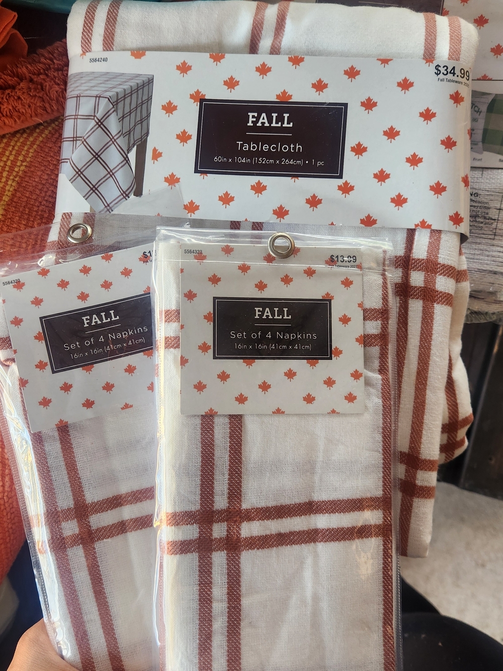 Hobby Lobby White Tablecloth & Napkin Set with Rust Plaid + Pillow Covers